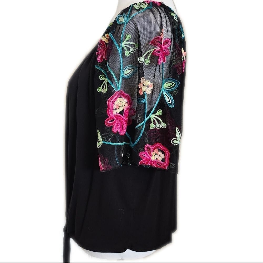 5/$55 Kim & Cami (tags removed) black cotton drapey blouse w/ sheer sleeves, M - Picture 2 of 7